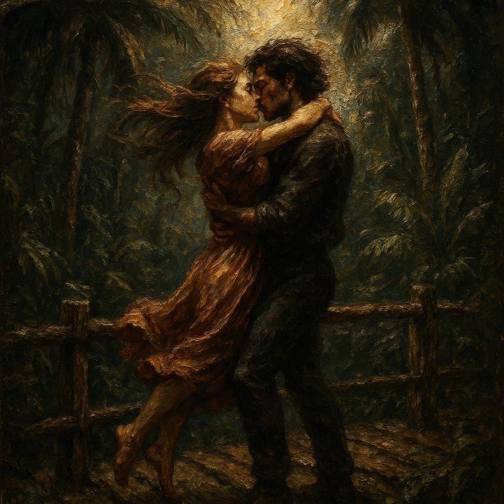 A couple embraces passionately on a rustic wooden bridge deep in a tropical jungle, the woman lifted slightly as their hair and clothing move gently. Tall palms and dense greenery surround them while beams of sunlight cut through the canopy. Dramatic lighting, rich shadows, and emotional intensity in an oil‑painting style with thick impasto texture, baroque contrast, expressive fine‑art composition, 